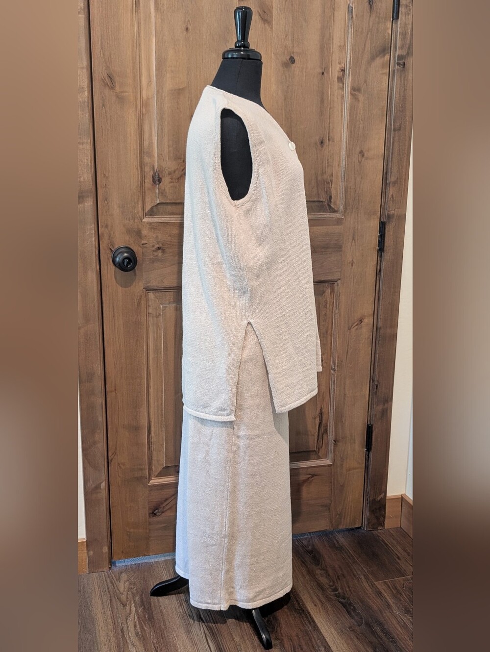 Version Originale Taupe Cotton Two-Piece Knit Button Vest Maxi Skirt Set Sz S/M - Picture 4 of 10